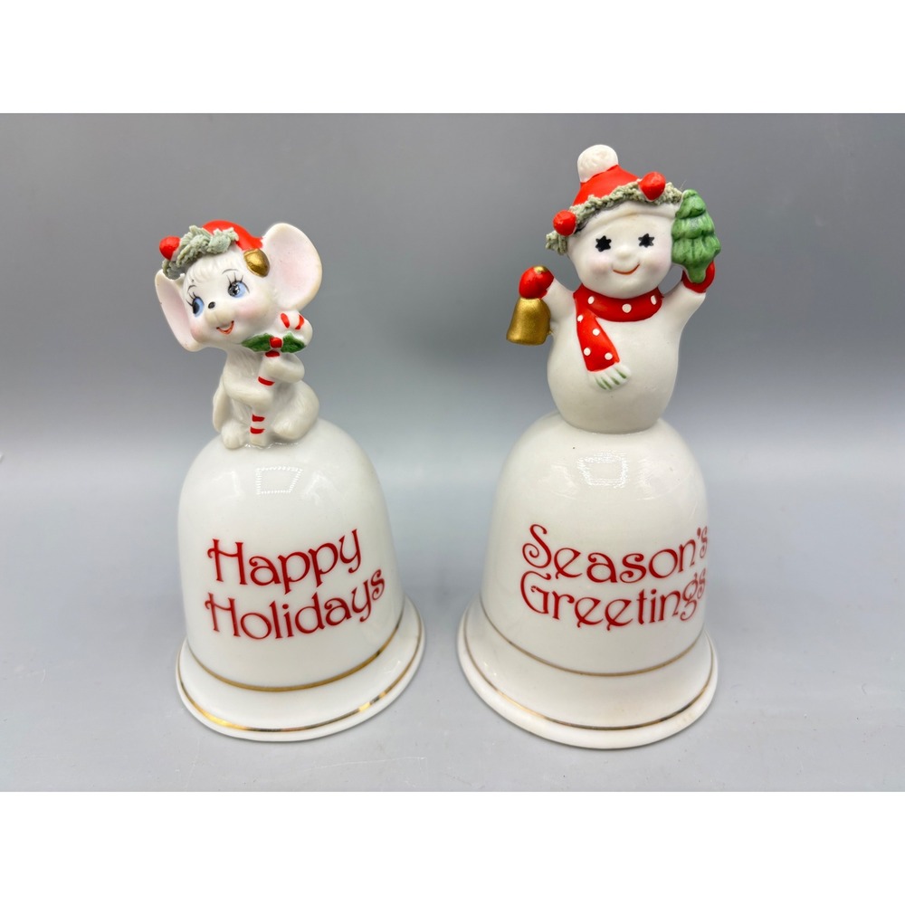 Napco Christmas‎ Bells Pair Mouse Snowman Anthropomorphic Ceramic